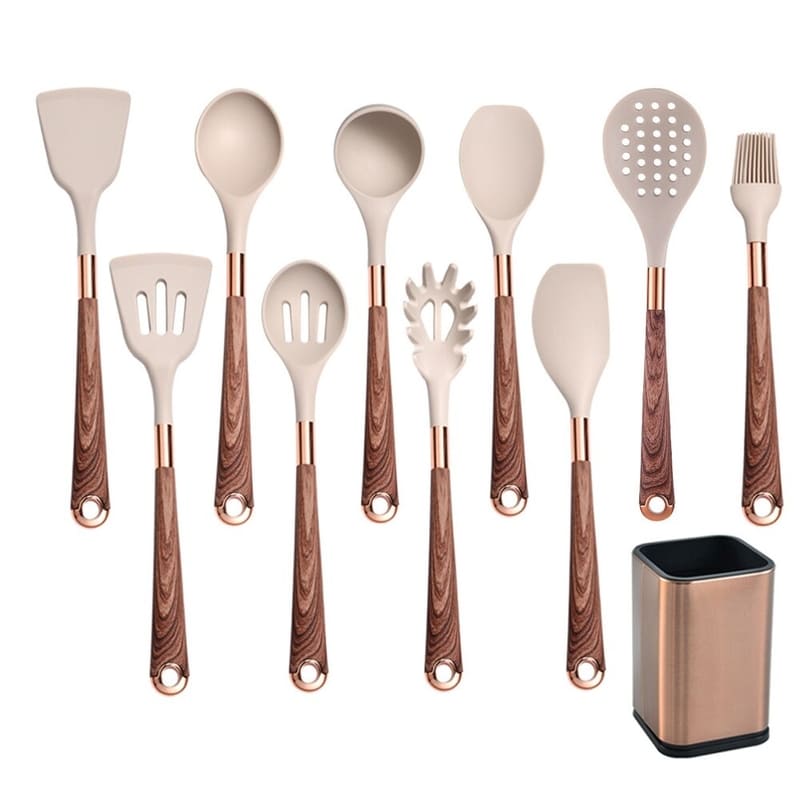 Kit Utensílios De Silicone 10 Peças Com Organizador Rosé