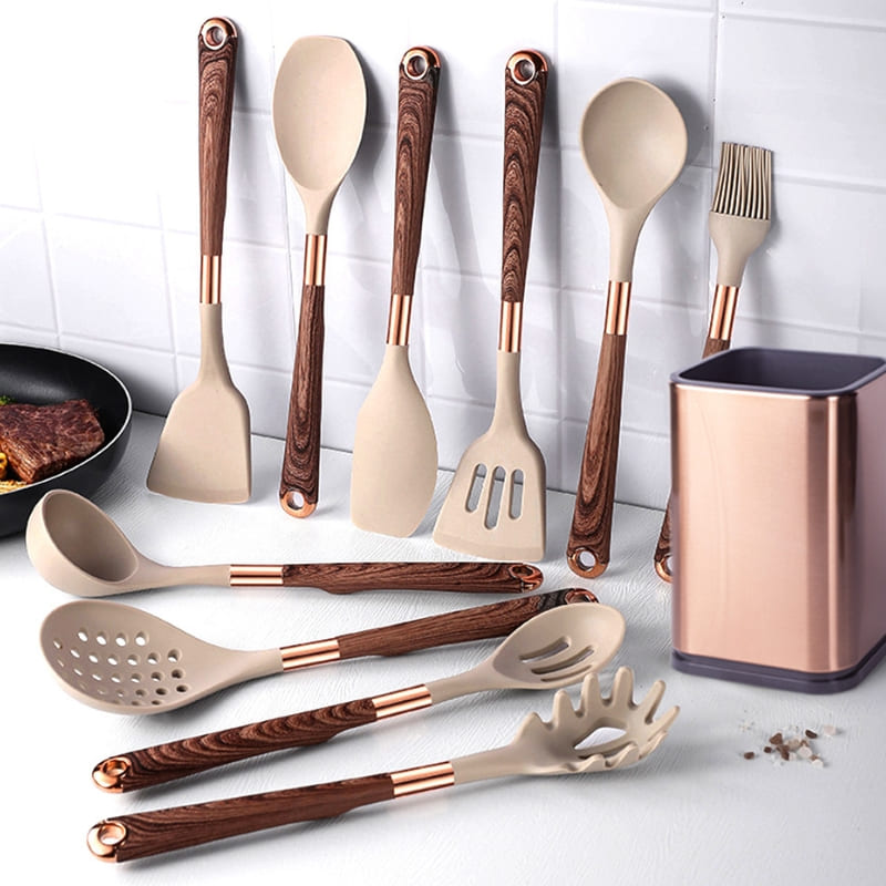 Kit Utensílios De Silicone 10 Peças Com Organizador Rosé