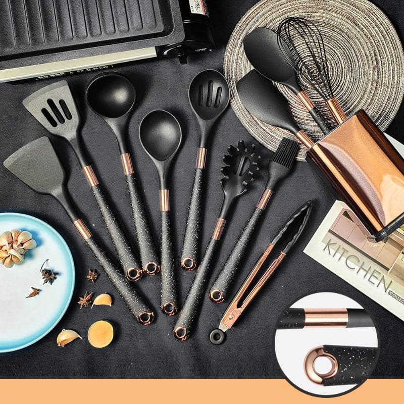Kit Utensílios De Silicone 10 Peças Com Organizador Rosé