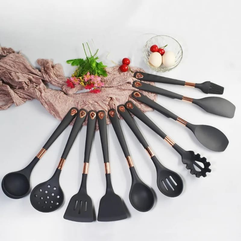 Kit Utensílios De Silicone 10 Peças Com Organizador Rosé