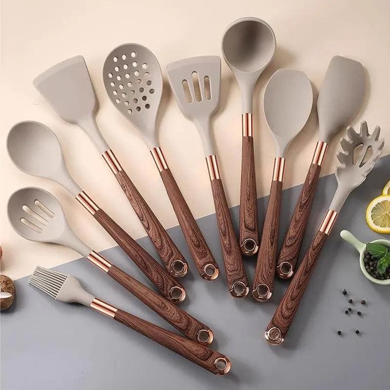 Kit Utensílios De Silicone 10 Peças Com Organizador Rosé