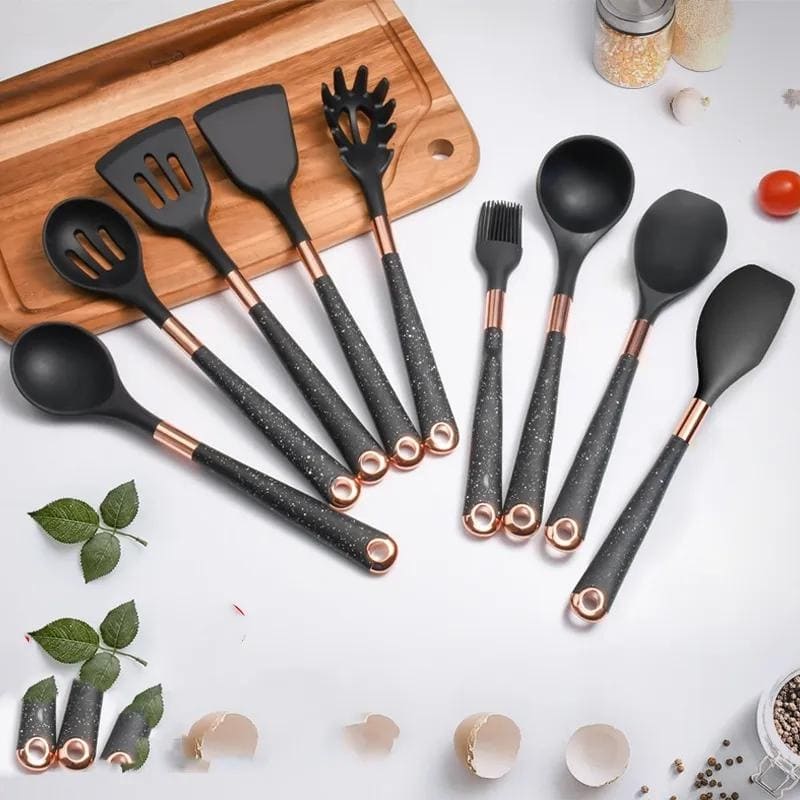 Kit Utensílios De Silicone 10 Peças Com Organizador Rosé