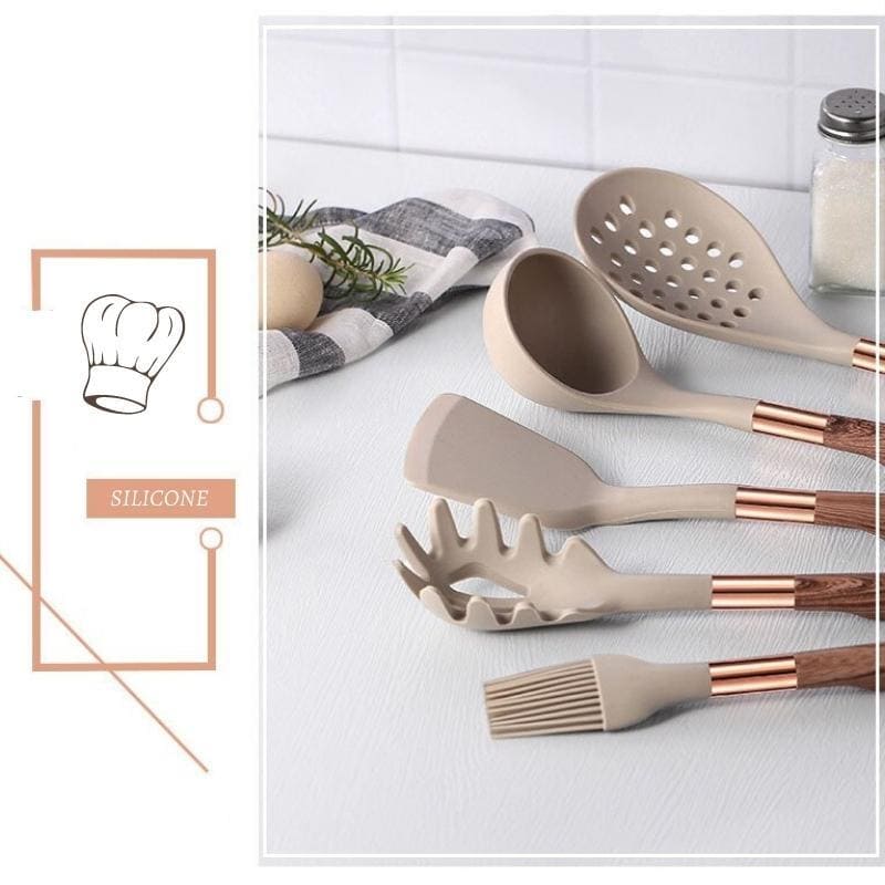 Kit Utensílios De Silicone 10 Peças Com Organizador Rosé