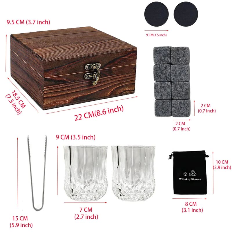 Kit Whisky com Copos e Cubos de Granito Reutilizáveis