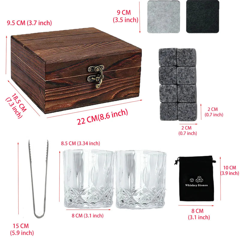 Kit Whisky com Copos e Cubos de Granito Reutilizáveis