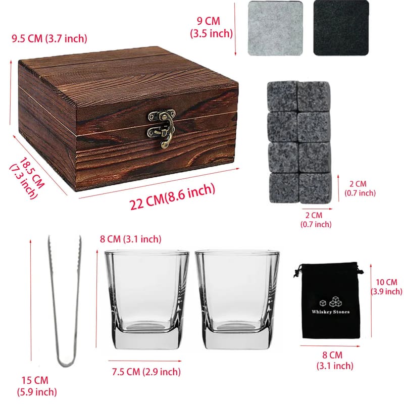 Kit Whisky com Copos e Cubos de Granito Reutilizáveis