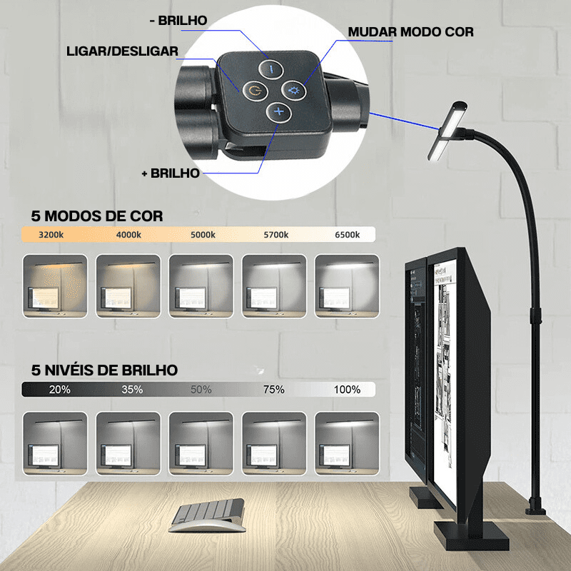 Luminária de Mesa LED Flexível em Alumínio com Controle