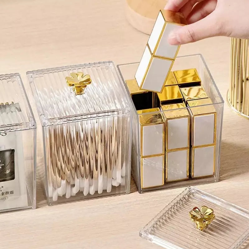 Organizador Cotonete e Algodão Acrílico Dourado com Tampa