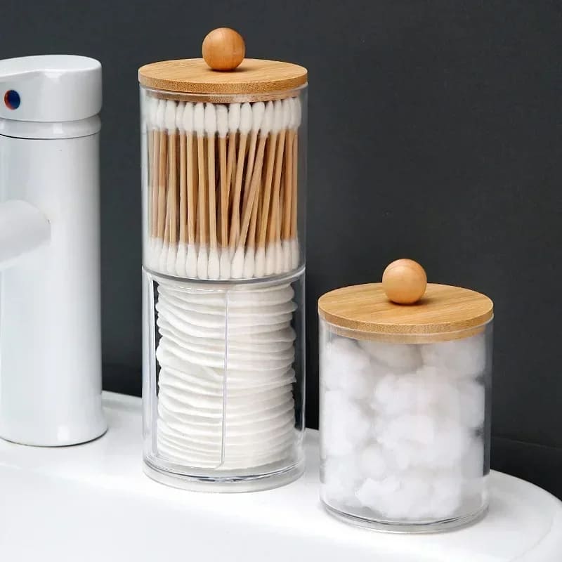 Organizador De Algodão e Cotonete em Acrílico Com Tampa Bambu