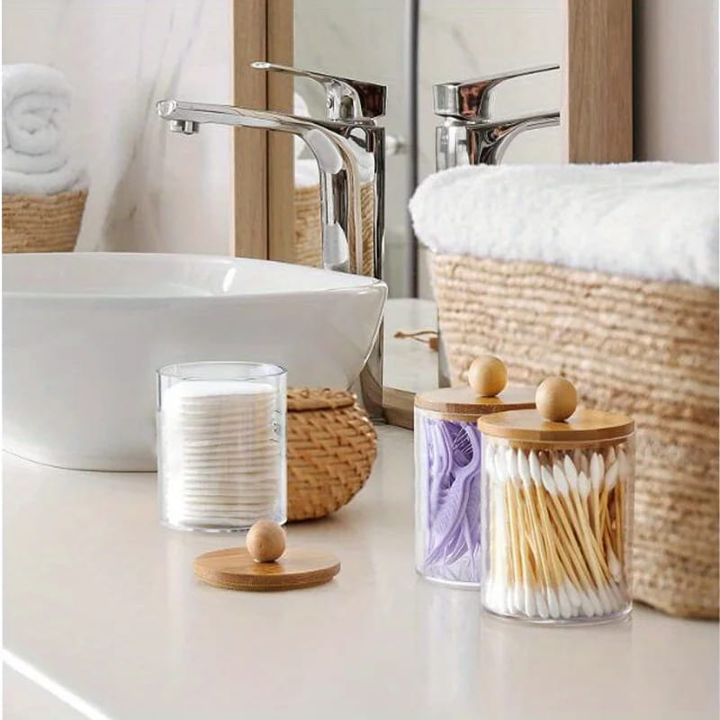 Organizador De Algodão e Cotonete em Acrílico Com Tampa Bambu