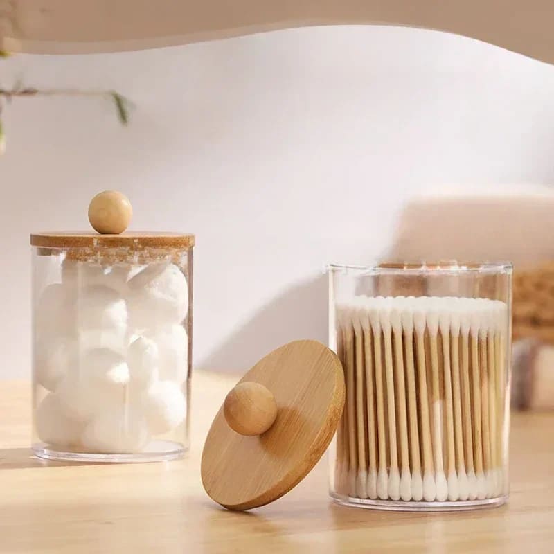 Organizador De Algodão e Cotonete em Acrílico Com Tampa Bambu