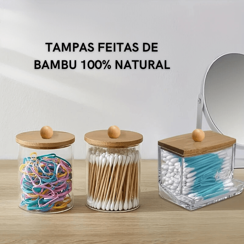Organizador De Algodão e Cotonete em Acrílico Com Tampa Bambu