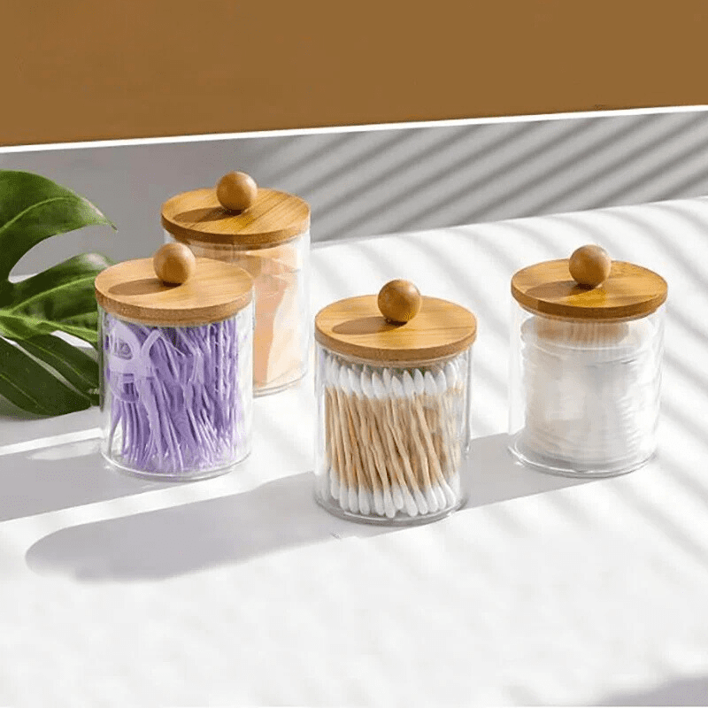 Organizador De Algodão e Cotonete em Acrílico Com Tampa Bambu