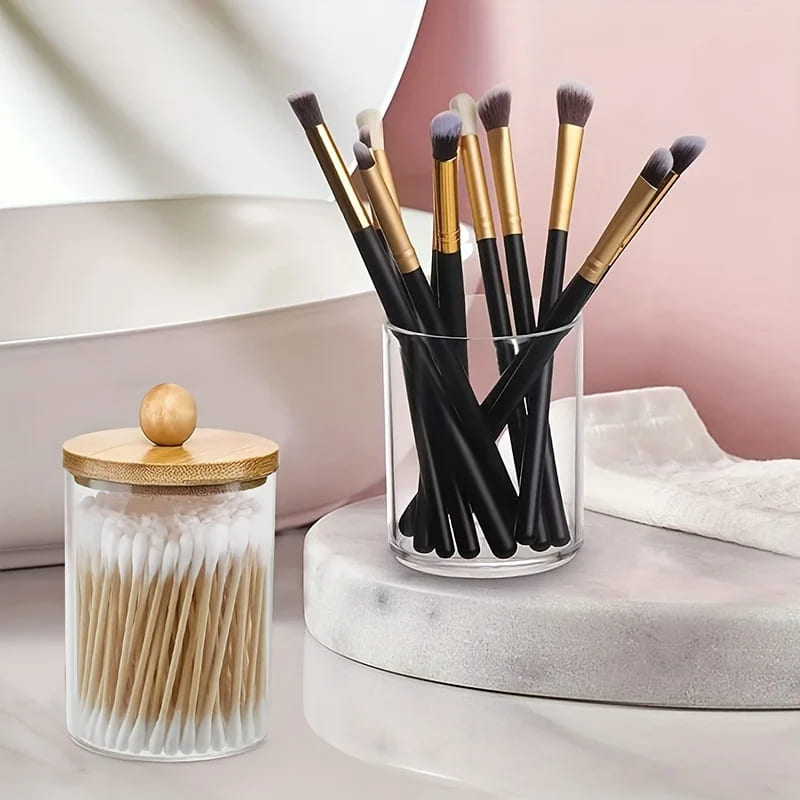 Organizador De Algodão e Cotonete em Acrílico Com Tampa Bambu