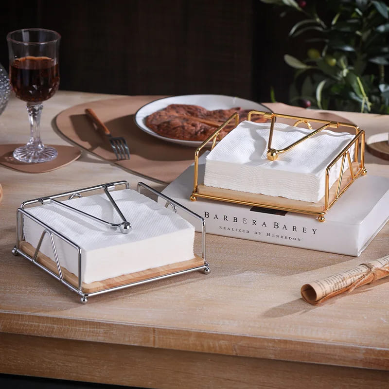 Porta-Guardanapo De Mesa Em Aço Inox E Madeira Nobre