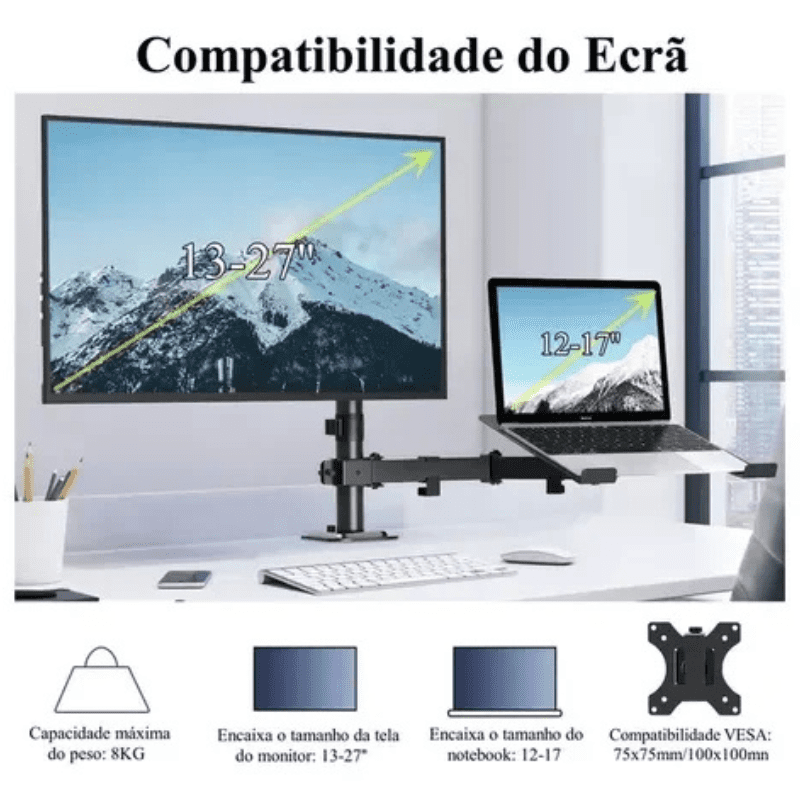 Suporte Para Monitor e Notebook Articulado em Aço Giratório