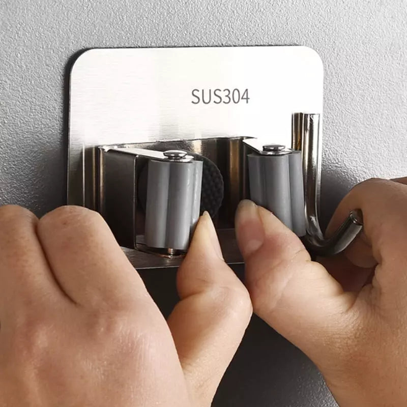 Suporte de Vassoura em Aço Inox e Adesivo de Parede