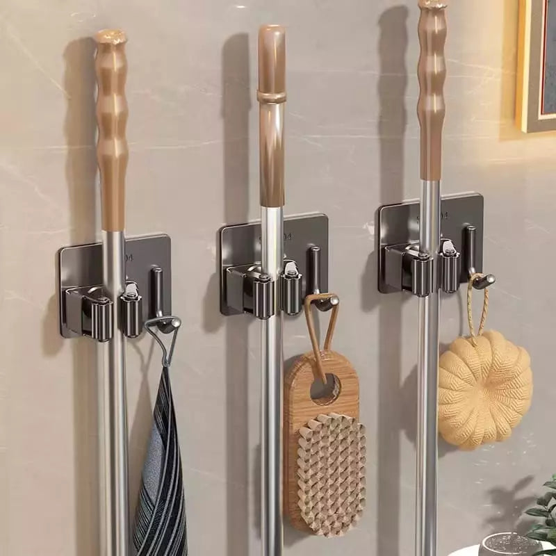 Suporte de Vassoura em Aço Inox e Adesivo de Parede