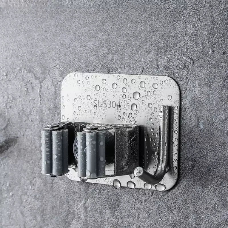 Suporte de Vassoura em Aço Inox e Adesivo de Parede