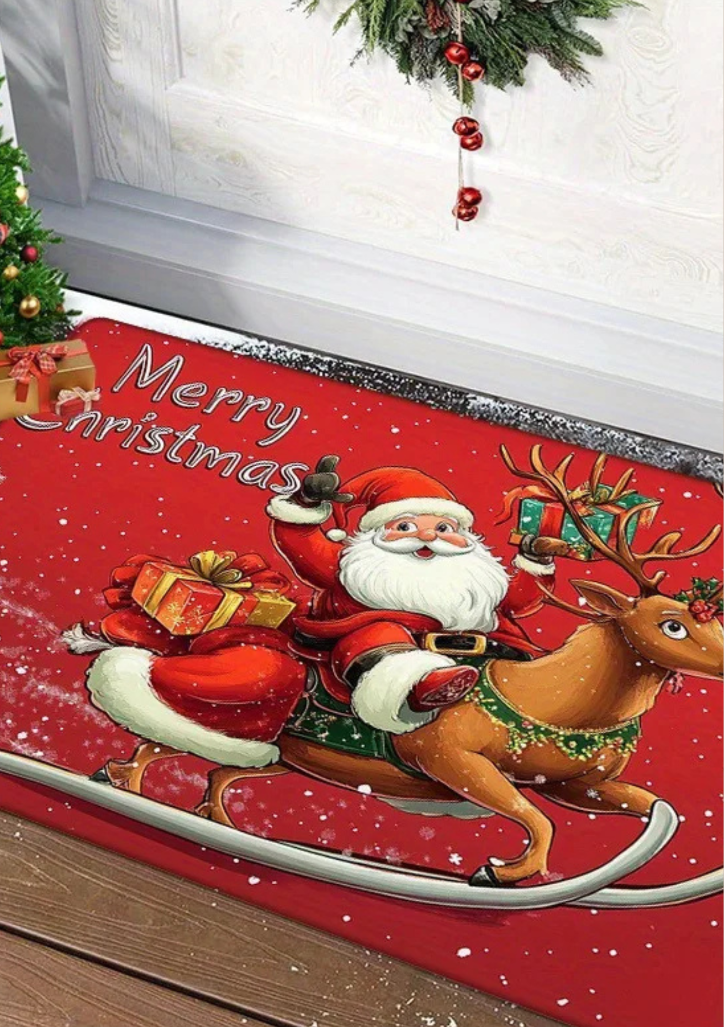 Tapete de Porta Natalino Antiderrapante com Papai Noel